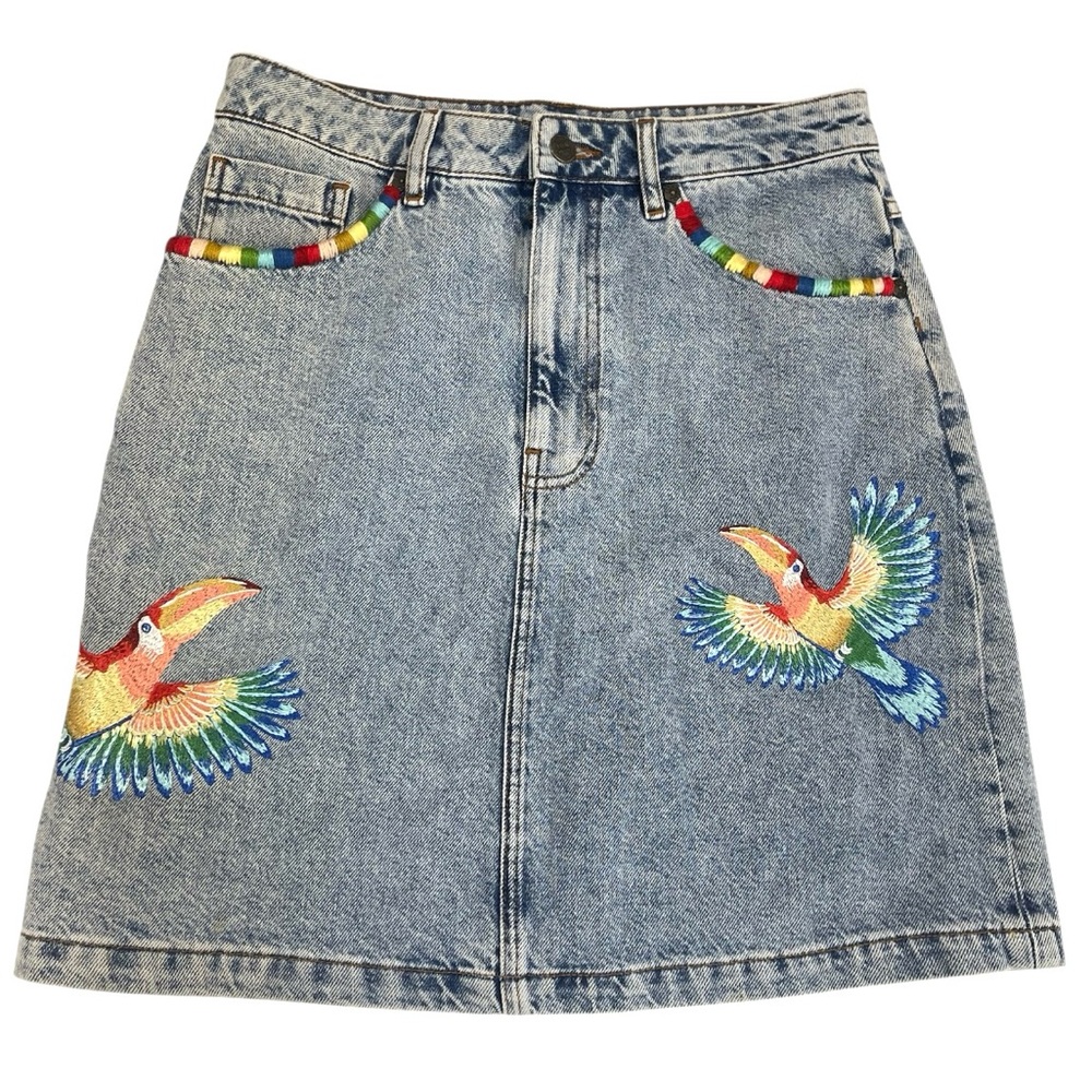 NWT Farm Rio Embroidered Denim Mini Skirt Tropical Colorful Boho Vacation Beach - Picture 1 of 13